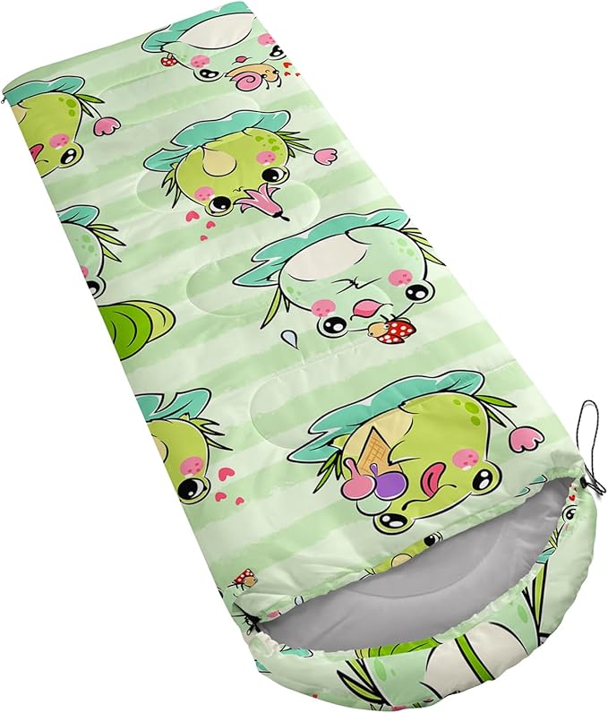 AILONEN Cute Frog Green Camping Sleeping Bag,Lightweight & Waterproof,3 Season Warm & Cool Weather,Travel Portable Compression with Compact Carrying Bag for Kids Girls Adults
