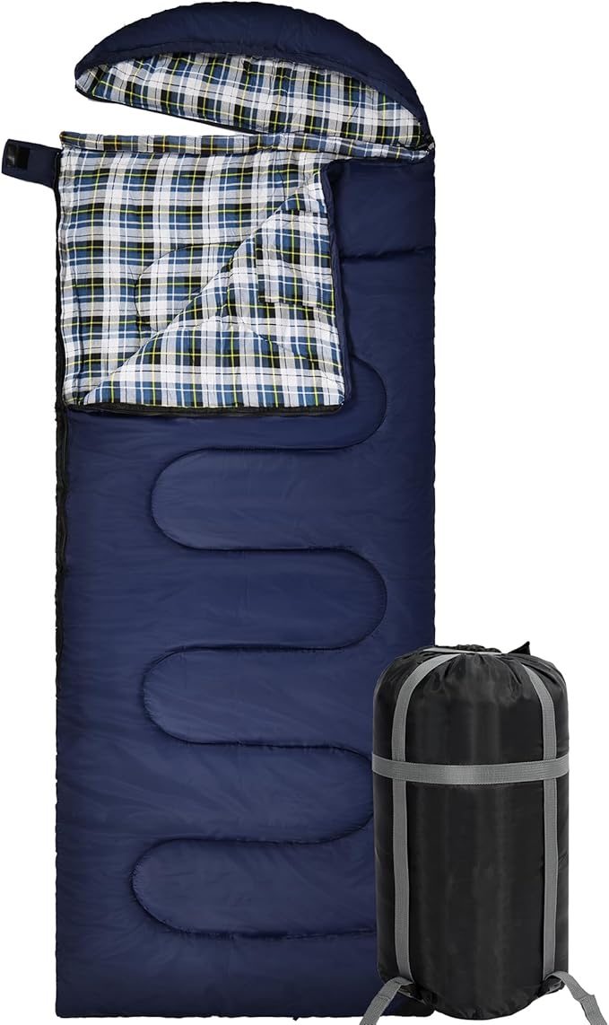 REDCAMP Flannel Sleeping Bag for Adults, Comfortable Cotton Sleeping Bags for Camping with Detachable Hood, Red/Grey/Blue/Black
