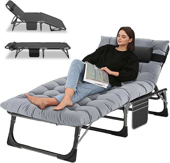 LILYPELLE Adjustable 4-Position Camping Cot, 500lbs, Folding Chaise with Pillow, Outdoor Portable Furniture for Adults, Cot Bed for Camping, Pool, Beach, Patio