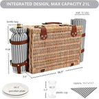 Picnic Basket with Blanket and Wine Pouch for 4, Wicker Picnic Set with Insulated Liner Cooler Bag Hamper for Camping,Wedding - Stripes