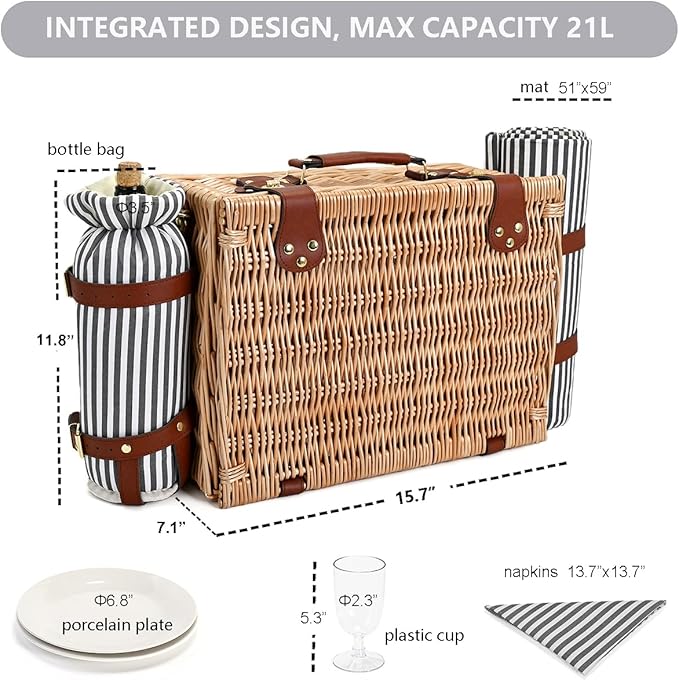 Picnic Basket with Blanket and Wine Pouch for 4, Wicker Picnic Set with Insulated Liner Cooler Bag Hamper for Camping,Wedding - Stripes