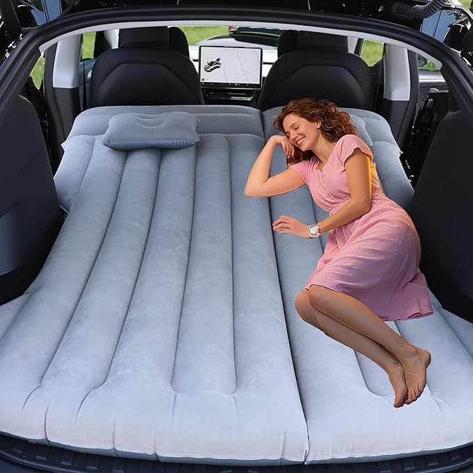 Car Air Mattress - Inflatable Camping Bed Compatible with Tesla Model Y, Thickened Flocked AirBed for Trunk/Backseat/Sedan/SUV/RV, Sleeping Pad with Pump and 2 Pillows for Camping Travel Outdoor Grey