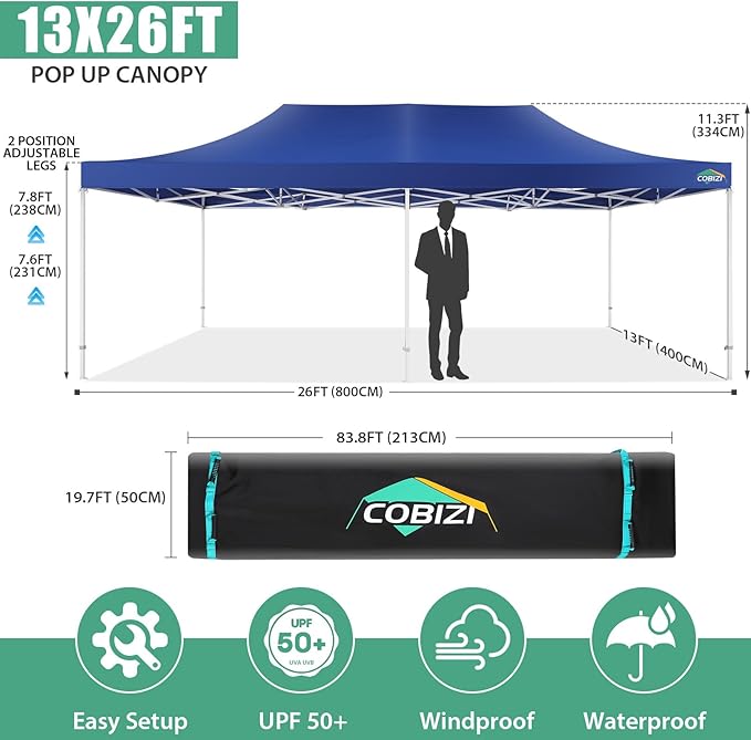 COBIZI 13x26 Pop Up Canopy with 6 Removable Sidewalls Heavy Duty Canopy Party Tents for Parties, Outdoor Wedding Large Event Tent Wind Waterproof UPF 50+ Easy Up with Roller Bag, Dark Blue