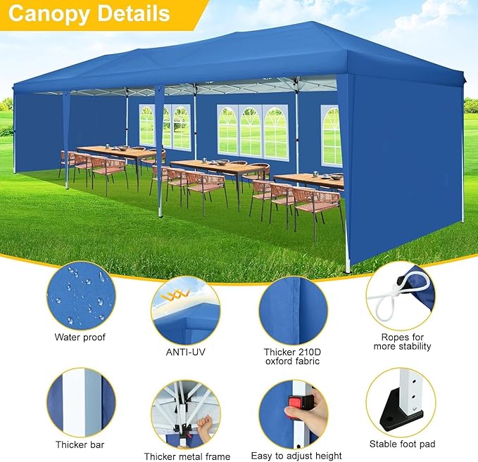 COBIZI 10x30 Pop Up Canopy Tent with 5 Sidewalls Party Tents for Parties Wedding Backyard Waterproof Outdoor Commercial Canopy Event with Sandbags, Blue