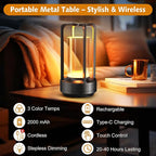 Portable Table Lamp for Outdoor Indoor: Cordless Rechargeable Desk Lamp with 3 Color Stepless Dimmable - Metal Battery Operated Lantern Light for Bedroom/Bar/Coffee Shop/Camping (Black)