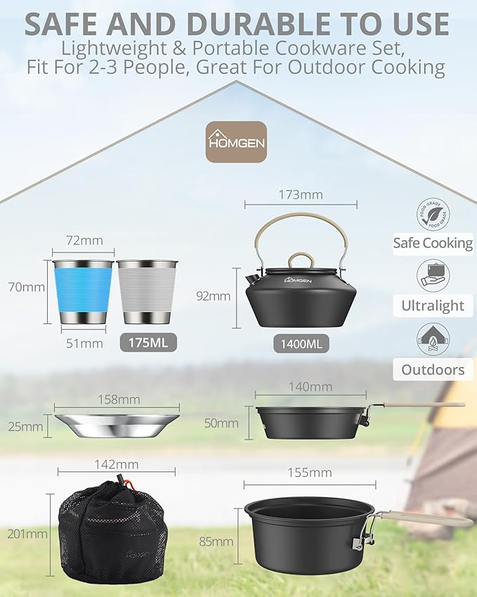 HOMGEN Ultralight Anodized Aluminum Camping Cookware Set for 2 People - Nesting Non Stick Pot/Pan with Foldable Handles Insulated Teapot & Stainless Cups - Compact Backpacking Gear for Camping/Hiking