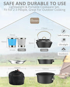 HOMGEN Ultralight Anodized Aluminum Camping Cookware Set for 2 People - Nesting Non Stick Pot/Pan with Foldable Handles Insulated Teapot & Stainless Cups - Compact Backpacking Gear for Camping/Hiking
