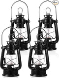 Hortsun 4 Pcs 8 Inch Vintage LED Hurricane Lantern Metal Black Outdoor Battery Operated Hanging Lantern with Warm LEDs and Dimmer Switch for Indoor Rustic Farmhouse Country Camping Decor