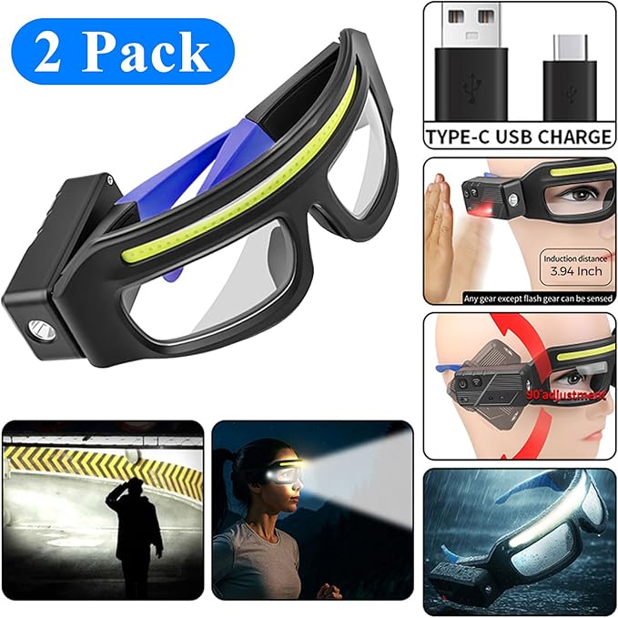LED Headlight Glasses Rechargeable Headlight Glasses with Motion Sensor & Touch Control, Adjustable Safety Eyewear