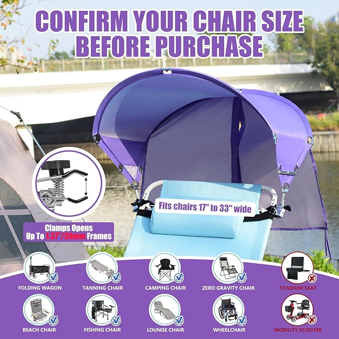 XL Universal Beach Chair Umbrella Canopy, UPF 50+ Chair Sun Shade Attachment with Adjustable Clamp for Camping, Lawn, Wheelchair, Tanning, Zero Gravity, Lounge, Outdoor Chairs, Oversized, 2 Pack