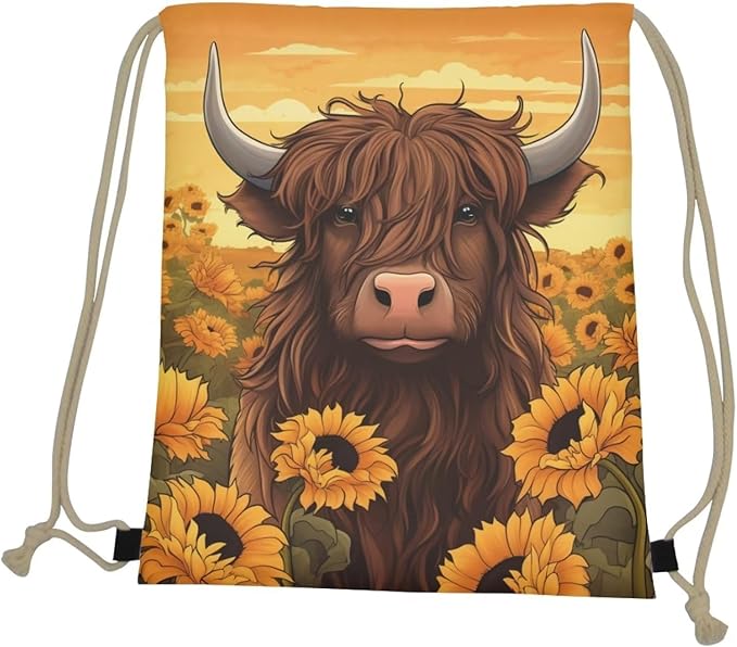 Upetstory Highland Cow Drawstring Backpack Cinch Gym Bags Storage Backpacks Sting Bag Casual Daypack PE Kit Sports Rucksack for Outdoor Hiking Cycling Camping Running