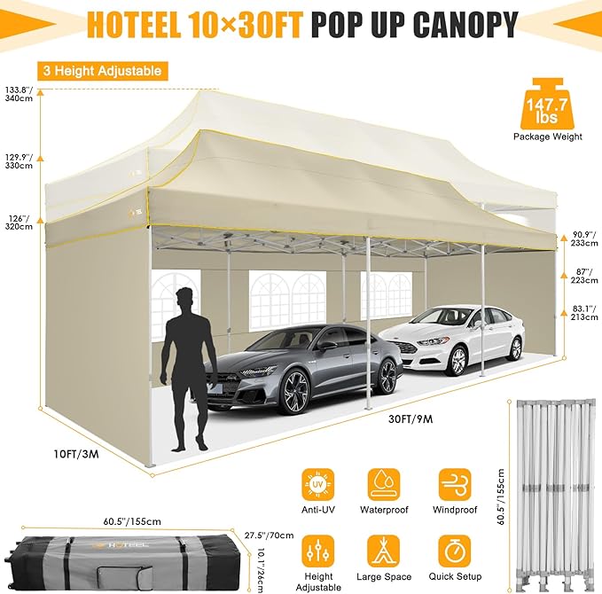 HOTEEL 10x30 Heavy Duty Pop Up Canopy Tent with 5 Sidewalls&Wheeled Bag, Commercial Event Party Tent Wedding Instant Canopy Waterproof, Upgraded Thicked Hexagonal Legs, UV 50+, Khaki