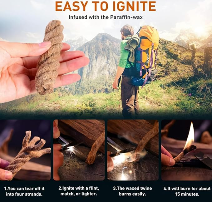 Emergency Fire Starter | Windproof & Waterproof Storm Matches with Waterproof Case & Wax Rope | Survival Gear for Camping, Hiking, Bushcraft, Outdoor Survival