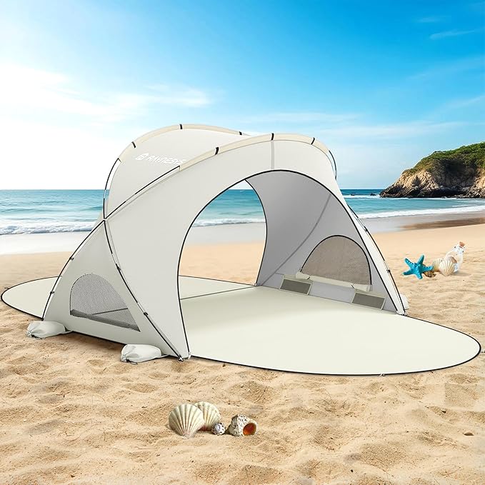 Beach Tent Sun Shelter, Beach Shade Tent with UPF50+ UV Protection, Sun Shelter for 1-4 Person, Beaches Shade with 2 Zippered Doors, Portable Tents for Camping Fishing, Beige