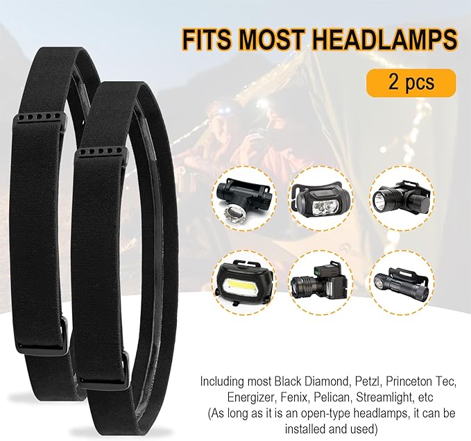 2 Pack Elastic Headlamp Strap Replacement Headband, Adjustable Headlight Strap Fit for Most Black Diamond Petzl Energizer Pelican Fenix Headlamps 1” Width Comfortable Band (Silicone Anti-Slip)