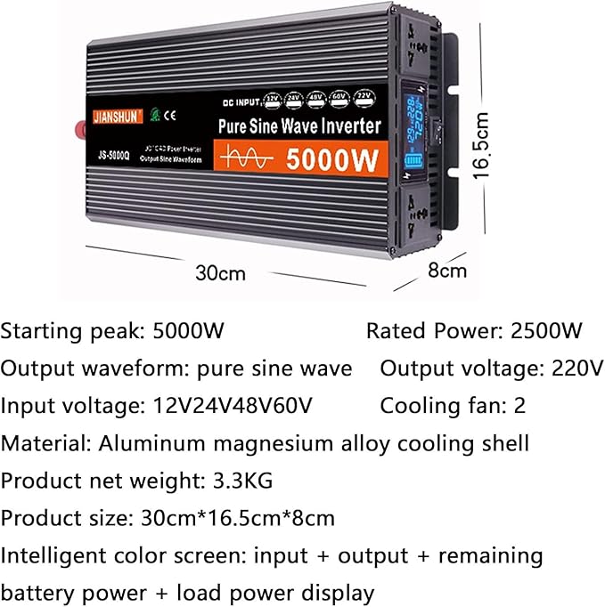 3000W 4000W 5000W 6000W (Peak)Pure Sine Wave Power Inverter, Intelligent Solar Power Inverter 12V/24V/48V/60V DC to 220V~240V AC Converter with LCD Display, AC Outlets ,for RV Truck Camping,5000W-12V