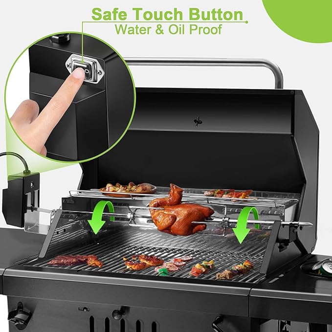 Dreyoo Universal Rotisserie Grill Kit, 360° Automatic Rotating Rotisserie Kit with 120V 4W Motor, 28'' Spit Rod, 2 x 4 Forks, Complete Holders and Fixing Screw for Backyard Camping Grills