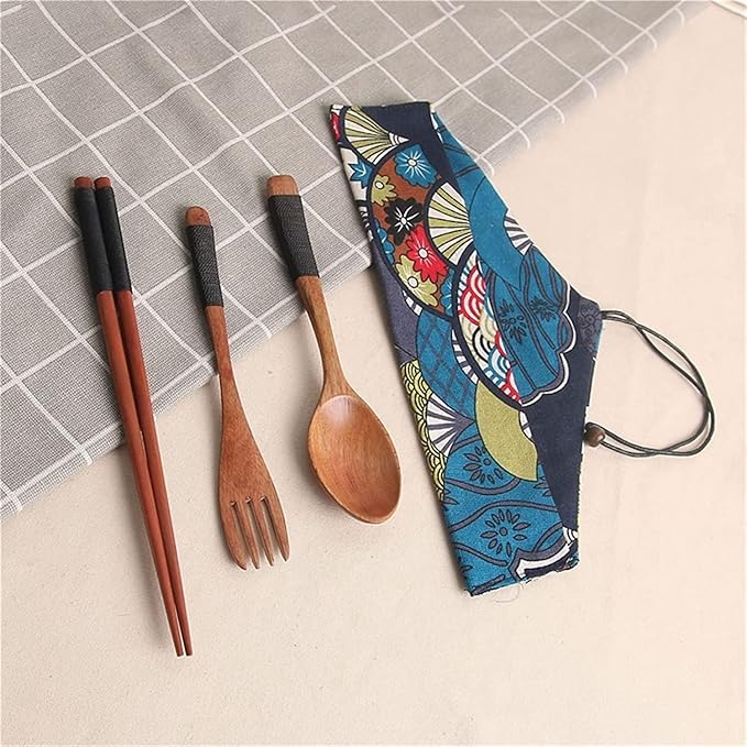 Portable Flatware Sets Wooden Cutlery Sets Outdoor Camping Travel Picnic Tableware Dinnerware Spoon Fork Chopsticks Mixed Cutlery Sets with Cloth Bag