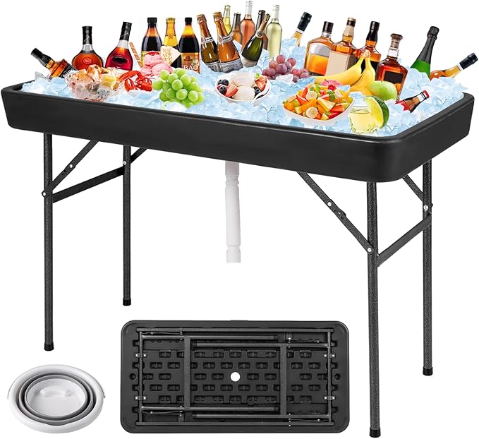 KOTEK Folding Ice Cooler Table with Matching Skirt, Drain Hose & Bucket, Foldable Buffet Beverage Cooler Server, Portable Chill Table for Party, Picnic, BBQ, Camping (Black)