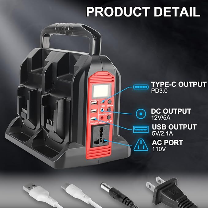 350W Inverter for Milwaukee 18V Li-ion Battery, 4-Port 20V to 120V Pure Sine Wave Inverter with LED Light, 3 USB-A Port, 1 USB-C Port, 1 DC Port, Power Station for Outdoor Camping(No Battery)