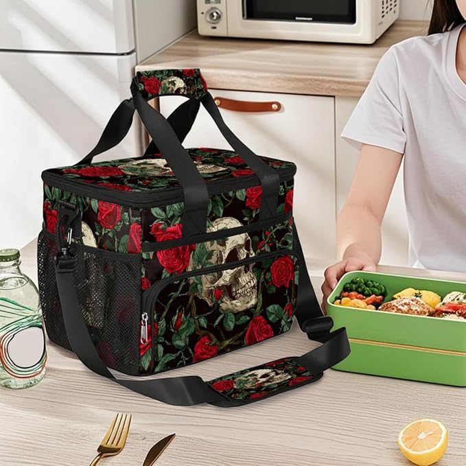 Gothic Skull Rose Flower Soft Cooler Bag Insulated Lunch Box for Men & Women, Large Leakproof Lunch Bag Portable Beach Cooler for Work, Picnic, Road Trips,Fishing, Travel, Camping,A-8