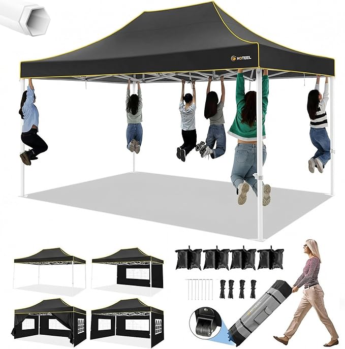 HOTEEL 10x15 Heavy Duty Pop up Canopy Tent for Parties with 4 Sidewalls, Easy Setup Outdoor Commercial Instant Gazebo for Wedding Event, with Roller Bag & Sand Bags, Black(Hexagonal Frame)