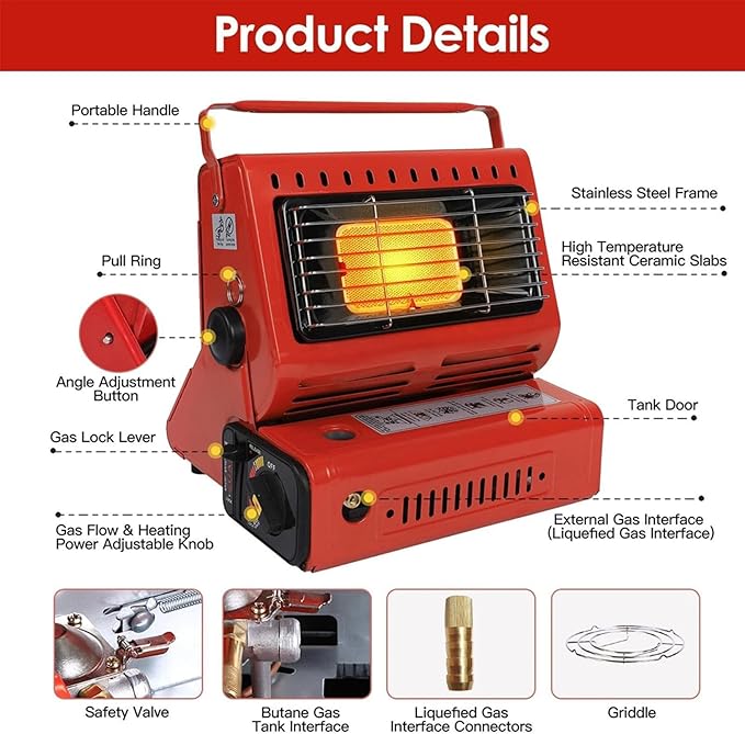 Upgraded 2 In 1 Portable Indoor Butane Heater & Stove with Self Ignition, Safe & Cordless Non Electric Heaters, Butane Emergency Heater for Power Outage, For Camping, Tents, Outdoor (Red)
