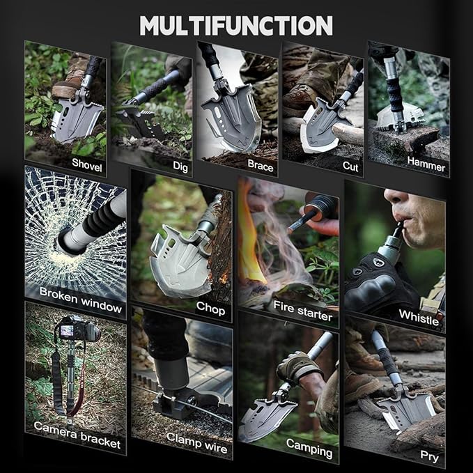 Zune Lotoo Survival Shovel Multitool with Axe, 29 in 1 Unbreakable Tactical Shovel Martensitic Steel kit, Compact Camping Shovel Folding Adjustable 7 Angles for Outdoors Gear Military Tool Gifts