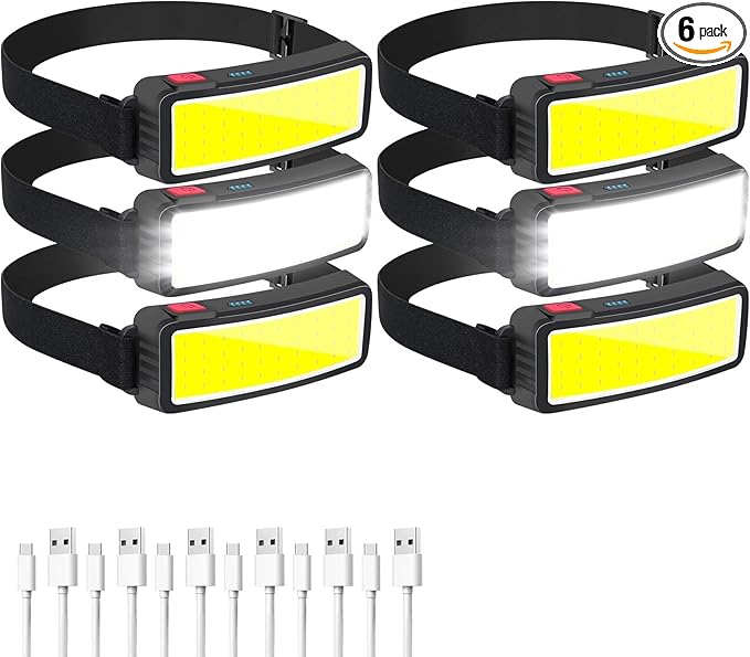 Rechargeable headlamp,（6-piece Set） 1500 Lumen Wide Beam Led Headlamp, 3 Lighting Modes, Lightweight Waterproof Light Bar Headlamp, Suitable for Outdoor, Running, Fishing, Camping