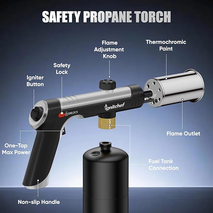Propane Torch Gun with One-Touch Max Fire, Kitchen Blow Torch with a Safety Lock for Sous Vide Searing Steak, Grill, Charcoal Starter, Campfire(Propane Tank Not Included)