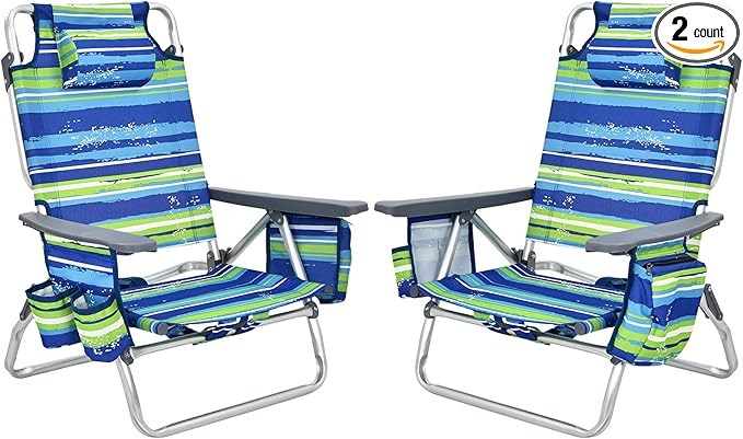 Giantex Folding Beach Chair, Patio Sling Chairs with 5 Adjustable Position, Head Pillow, Storage Bag, Towel Bar, Cup Holders, Backpack Chairs for Sunbathing, Camping Chair
