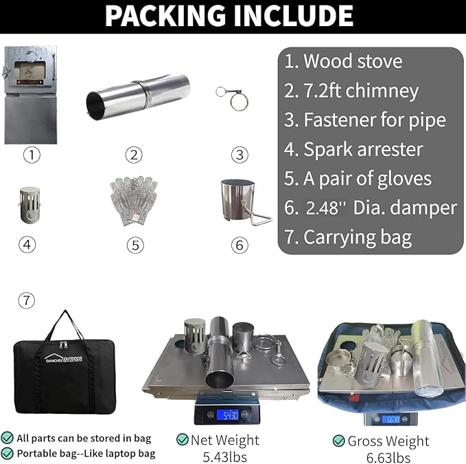 DANCHEL OUTDOOR TSG Portable TA1 Titanium Tent Wood Stove for Backpacking Camping, Collapsible Hot Tent Stove Rollable Chimney Pipe Cooking Hiking (Small/Large)
