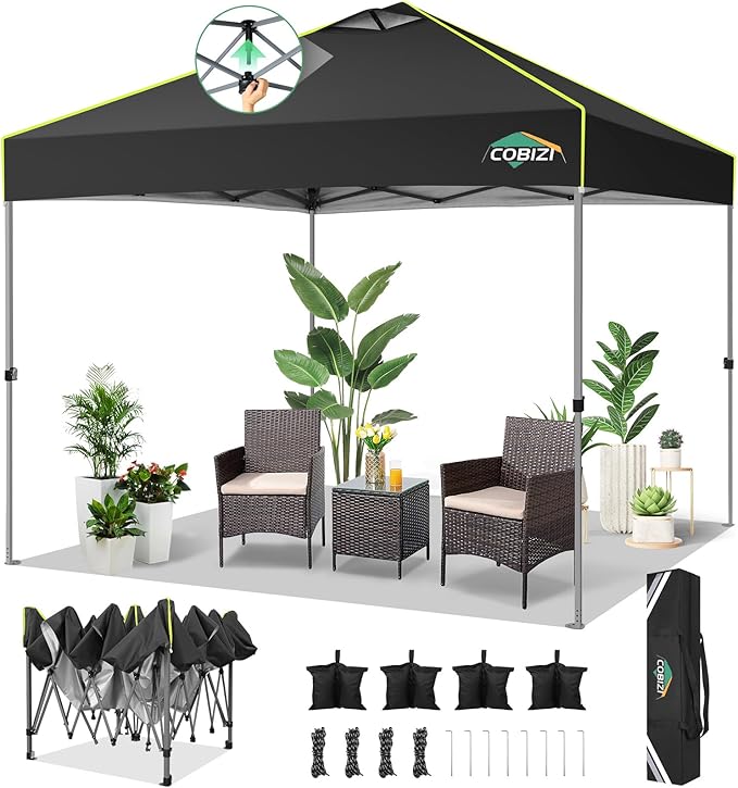 COBIZI 10x10 Pop Up Canopy One Push Party Tent with Air Vent Waterproof Commercial Outdoor Patio Gazebo for Parties Camping Shade Events Garden, 3 Adjustable Height, Carry Bag, Sandbag, Stakes, Black