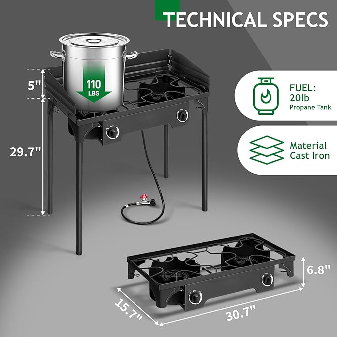 Outvita 2 Burner Propane Gas Stove for Outdoor Cooking, 150,000 BTU Camping Cooker with Windscreen for Cooking BBQ Baking Turkey Frying