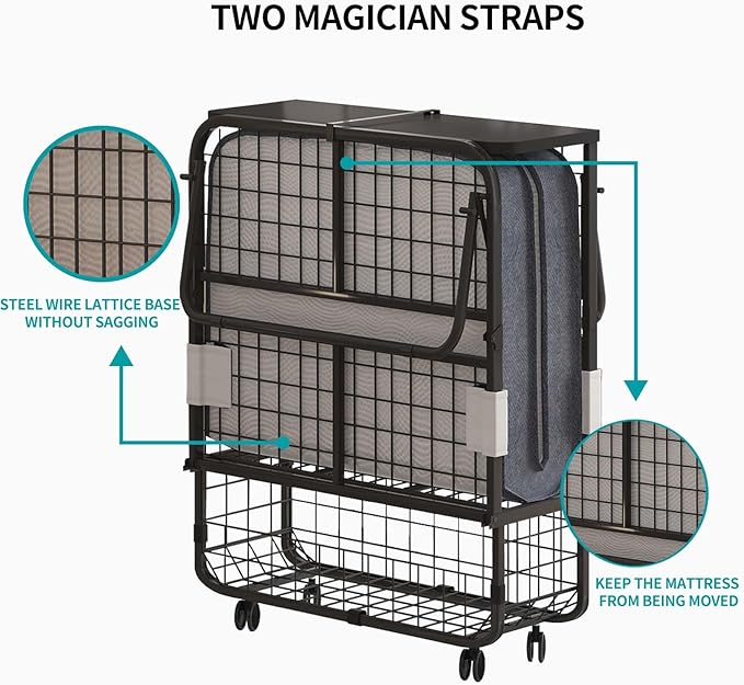 BALUS Folding Bed with Mattress for Adults, 75" x 31" Rollaway Bed with Head Baffle & Mesh Storage Basket, Fold Up Beds for Guests, Foldable Frame with Locking Casters for Easy Moving（Upgrade）