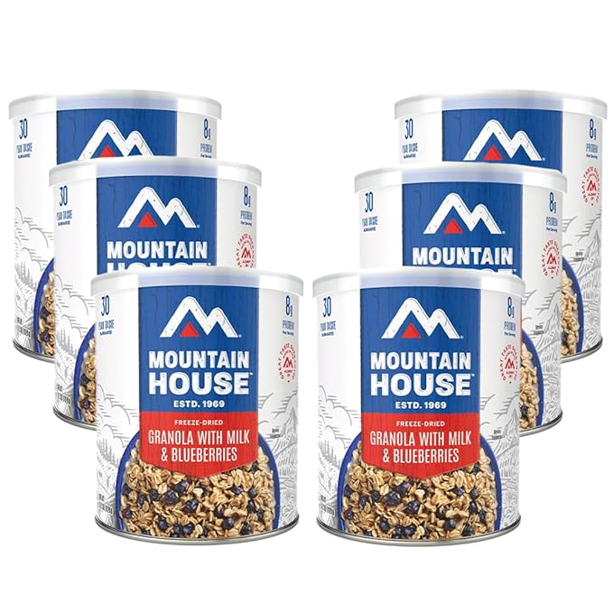 Mountain House Freeze-Dried Granola with Milk & Blueberries #10 Can – 120 Total Servings (6 Cans, 20 Servings Each) – Ready-to-Eat Breakfast, Snack & Dessert – High-Energy Emergency Survival Canned Food – Long-Term Storage for Camping, Hiking, Backpack...