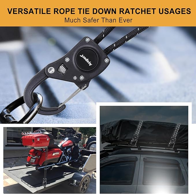 Ayaport Rope Tie Down Ratchet with Carabiner Clip 1/4" x 12' Rope Cord Tightener Heavy Duty Construction Kayak tie Downs for Tent, Tarp, Camping