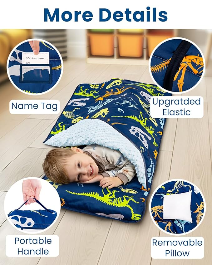 Toddler Nap Mat with Pillow and Minky Blanket, Large 55"x38" Sleeping Bag, Washable, Lightweight, Easy to Roll, Perfect for Preschool, Daycare, Kindergarten, Travel, Boys and Girls-Dinosaur