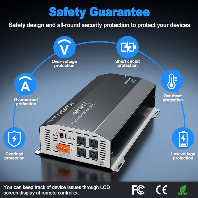 4000W Pure Sine Wave Inverter 12V DC to 110V/120V AC Converter, 8000W Peak, LCD Remote Control, 4 AC Outlets, USB & Type-C – Heavy Duty for RV, Truck, Off-Grid Solar, Home Emergency Power