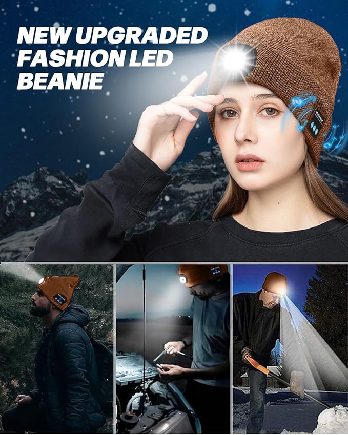 Bluetooth Beanie with Light, USB Rechargeable LED Headlamp Winter Hat, Men Women Valentine's Day Gifts