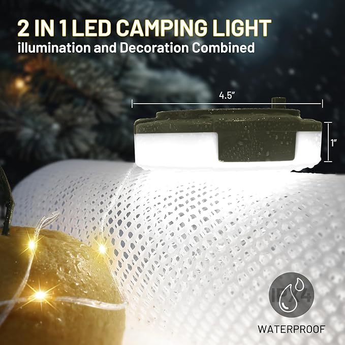 Camping String Lights, 32.8FT 4 in 1 Rechargeable Waterproof Hanging Lamp Portable LED Light for Outdoor Camping Awning Tent Garden Party Yard Festival Decor (10 Lighting Modes)