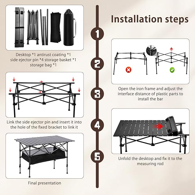 Adjustable Height Aluminum Folding Camping Table，Folding Grill Table，for Outdoor, Camping, Beach, BBQ, Patio, and Picnic, Durable & Waterproof with Carrying Bag (Trumpet)