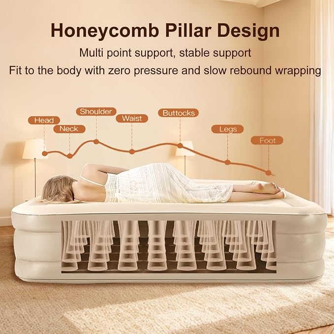 Air Mattress Twin with Built-in Battery Powered Removable Pump, Blow Up Mattress with Pillow, Strong Support All Night,No Lost Air, Compact Inflatable Air Bed for Home Guests Camping