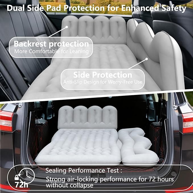 Car Air Mattress, Inflatable SUV Truck Camping Mattress for Back Seat, Thickened Travel Car Bed Sleeping Pad with 2 Round air-Filled Bolster,Air Pump and 2 Pillows (Grey)