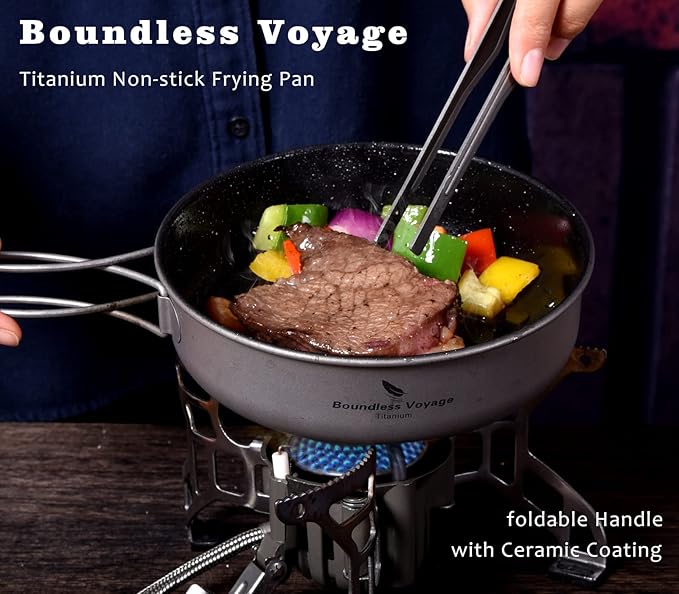 Boundless Voyage Titanium Non-Stick Frying Pan with Folding Handle Non-Stick Ceramic Coating Frypan Cooking Pot for Outdoor Camping Picnic Backpacking