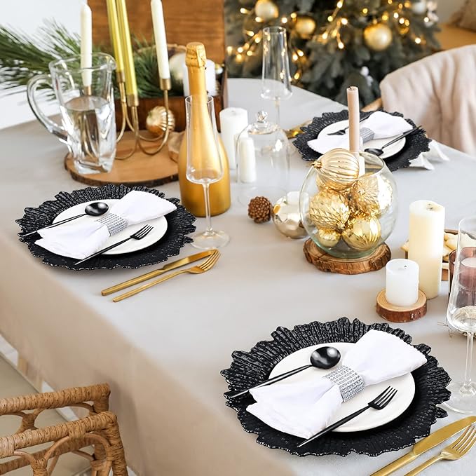 Rtteri 50 Pcs 13 Inch Charger Plates Bulk, Plastic Charger Plates with Floral Reef Design, Round Ruffled Rim Decorative Dinner Tableware for Wedding, Party, Event Table Decor(Black)