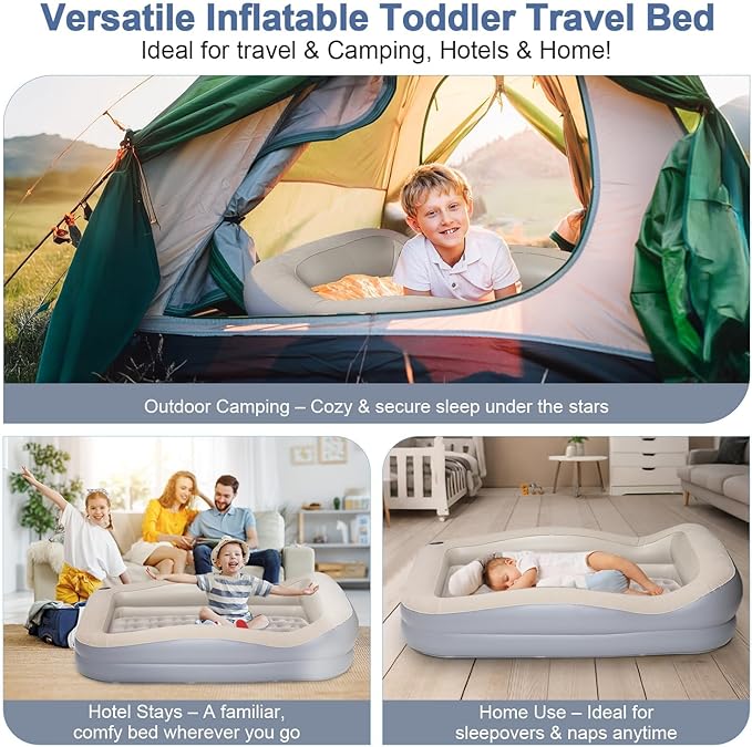 Inflatable Toddler Travel Bed – Portable Toddler Bed with Safety Bumpers, Toddler Floor Bed for Travel, Camping, Sleepovers – Kids Blow Up Bed with Pump & Carry Bag