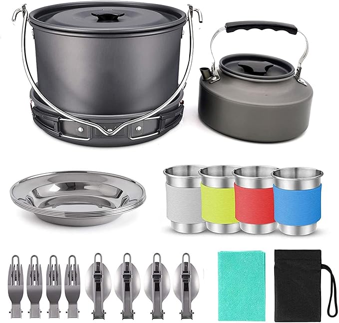 Camping Cookware 20PCS Kit Camping Tableware Set 4 Person Outdoor Cooking Supplies with Bowl Pans Fold Fork for Outdoor Hiking Picnic
