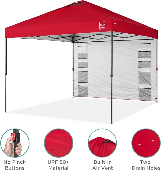 Best Choice Products 10x10ft Pop Up Canopy Tent with Sidewall, 1 Person 1 Minute Set Up, Carry Case, 4 Weight Bags - Red
