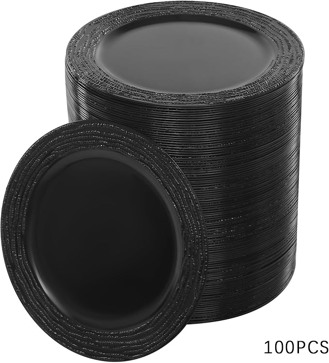 100 PCS Antique Charger Plates Bulk, 13'' Plastic Embossed Dinner Plate Chargers Round Floral Plates for Wedding Decorative Chargers for Table Dinner Kitchen Party Decoration (black)